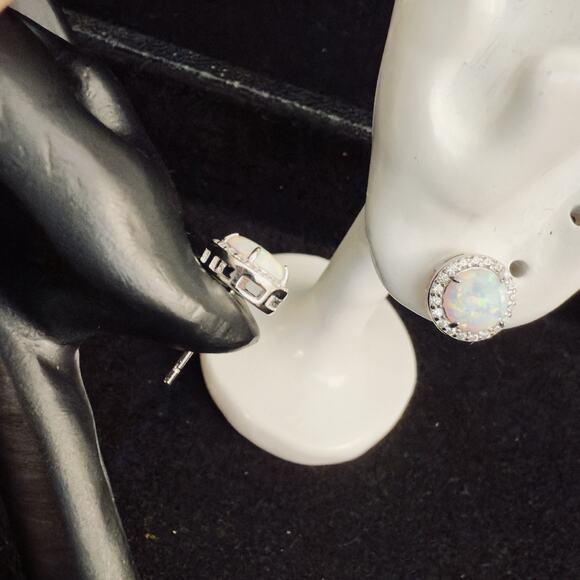 Beautiful Genuine White Opal & Moissanite Halo Stud Earrings 925~New~Retail $149 - Picture 9 of 12